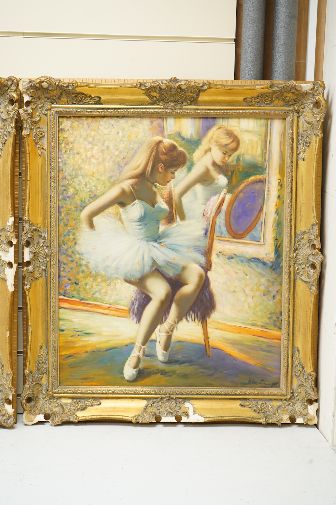 Helmut Breuninger (German, 1921-1998), Studies of seated ballerinas, each signed, pair of oils on canvas, 59 x 49cm